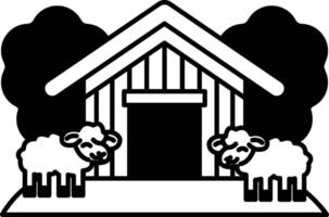 cartoon drawing of a barn with two sheep standing outside of it vector