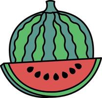 A cartoon drawing of a watermelon with a slice missing vector