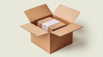A cardboard box with a white envelope inside photo