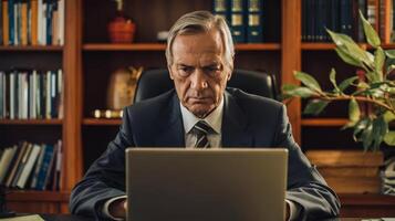 An angry man in a suit sitting at a desk with a laptop photo