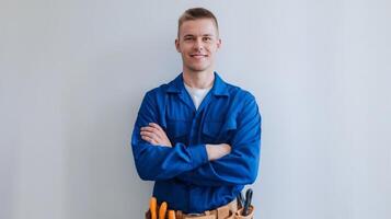 A man in blue work clothes with tools photo