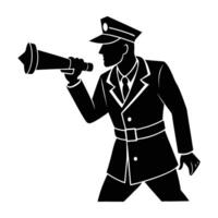 Focused police officer holding a flashlight and investigating with determined precision in silhouette vector