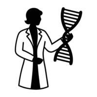 Scientist confidently presenting a detailed DNA strand model with precision vector