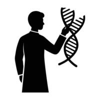 Scientist proudly showcasing a DNA strand model with focused expertise vector