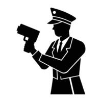 Alert police officer checking a radar speed gun with precision in silhouette vector