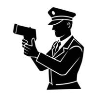 Diligent police officer inspecting a radar speed gun with focused attention in silhouette vector