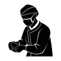 Surgeon Preparing for Operation While Wearing Cap and Mask in Sterile Room vector