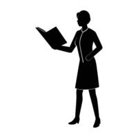 Teacher Standing with an Open Book Sharing Knowledge in a Clear Classroom Setting vector