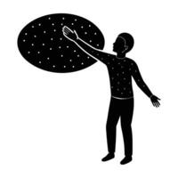 Innovative person reaching out into virtual space with extended hand in silhouette vector