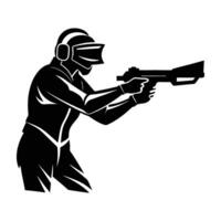 VR Gamer in a Shooting Game Aiming Steadily in a Striking Silhouette vector