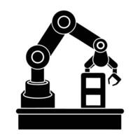 Robot arm assembling a product on a moving conveyor belt in factory vector