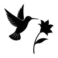 Lively hummingbird soaring near a vibrant flower with flapping wings silhouette vector