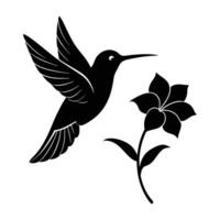 Graceful hummingbird hovering near a blooming flower with flapping wings silhouette vector