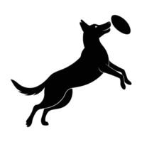 Energetic dog jumping to catch a frisbee in dynamic silhouette vector