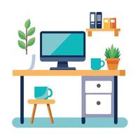 Elegant Desk Icon with a Computer and Coffee Cup and Isolated Background vector
