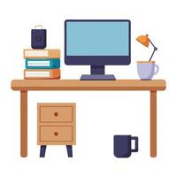 Desk Icon with a Computer and Coffee Cup and Isolated Background vector