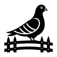Charming pigeon perched on a farm fence with white backdrop in silhouette vector