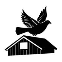 Graceful pigeon flying towards a barn rooftop with gentle motion in silhouette vector