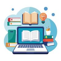 Laptop Icon with Open Books and Isolated Background vector