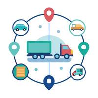 The truck is surrounded by icons and maps vector