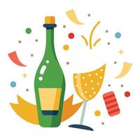 Modern Champagne Bottle Icon with a Glass and Confetti and Isolated Background vector