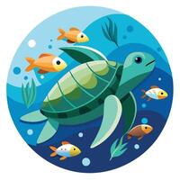 Elegant Turtle Icon Swimming with Fish and Isolated Background vector