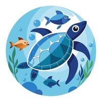 Modern Turtle Icon Swimming with Fish and Isolated Background vector