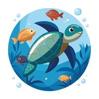 Turtle Icon Swimming with Fish and Isolated Background vector