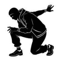 Street dancer in low crouched stance ready to launch a fierce move vector