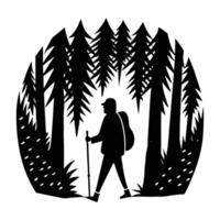 Adventurous person walking through a dense forest with a walking stick in silhouette vector