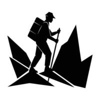 Determined person using a walking stick to navigate challenging rough terrain in silhouette vector