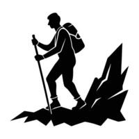 Elderly person using a walking stick while navigating a rough terrain in silhouette vector