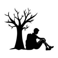 Relaxed person resting against a tree with a backpack beside in silhouette vector