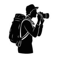 Curious backpacker taking a photo with a dynamic outdoor silhouette vector
