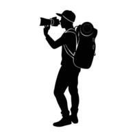 Adventurous backpacker capturing a scenic moment with a camera in silhouette vector