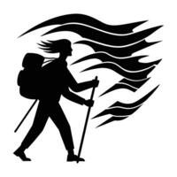 Resilient backpacker trekking through harsh windy conditions in bold silhouette vector