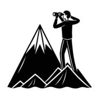 Curious person looking through binoculars while standing with a focused gaze in silhouette vector
