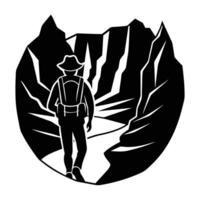 Adventurous backpacker walking through a majestic deep canyon in silhouette vector