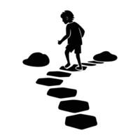 Adventurous person crossing a river using natural stepping stones in silhouette vector