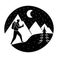Determined person hiking at night illuminated by a bright headlamp in silhouette vector