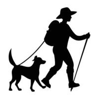 Happy person hiking with a small dog on a leash in clear silhouette vector