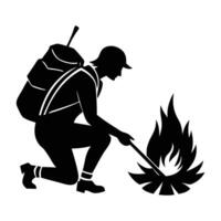 Adventurous backpacker creating a cozy campfire in a clear silhouette vector