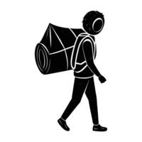 Adventurous person carrying a backpack with a rolled up tent in silhouette vector