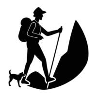 Cheerful person trekking with a small dog on a leash captured in silhouette vector