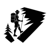 Determined person hiking with a light pack while walking along a narrow trail in silhouette vector