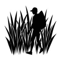 Adventurous backpacker walking steadily through an open field in silhouette vector