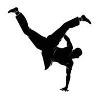 Dynamic capoeira fighter performing a mid-handstand explosion with rhythmic energy silhouette vector