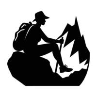 A weary hiker resting on a scenic rock with a breathtaking view vector