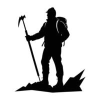 Adventurous mountaineer standing boldly with an icy axe in a rugged alpine scene silhouette vector