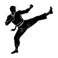 A determined martial artist leaping with dynamic energy and precise technique vector